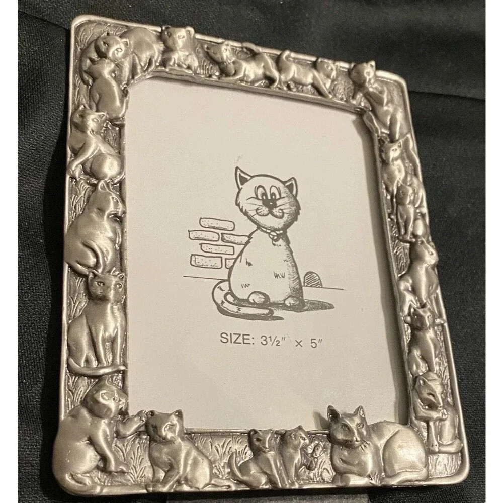 Vintage Pewter Metal Cat Picture Photo Frame Family Of Cats Kittens Playing Cute